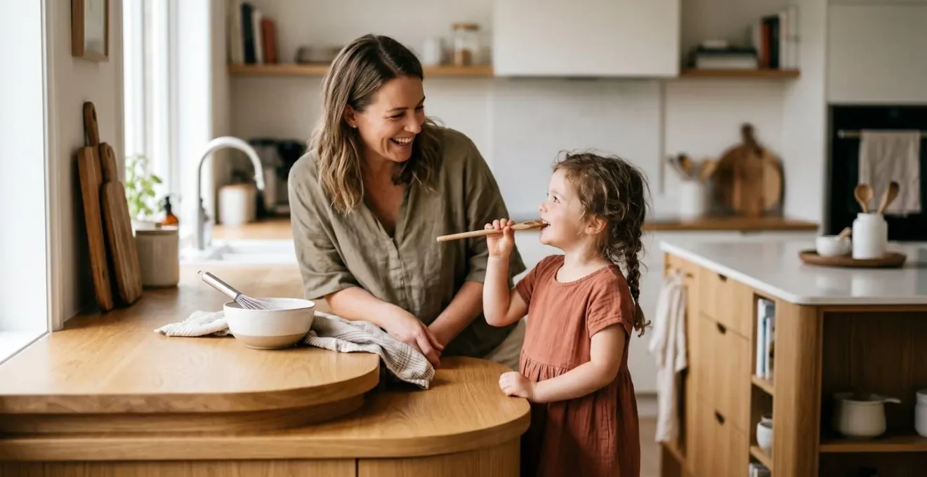 Cocina familiar con soluciones de almacenamiento integrado y zonas de altura adaptada para niños