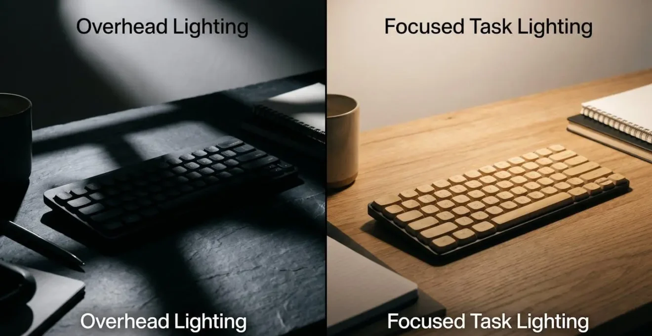 Contraste visual entre iluminación cenital dura creando sombras y luz de tarea focal suave sobre escritorio