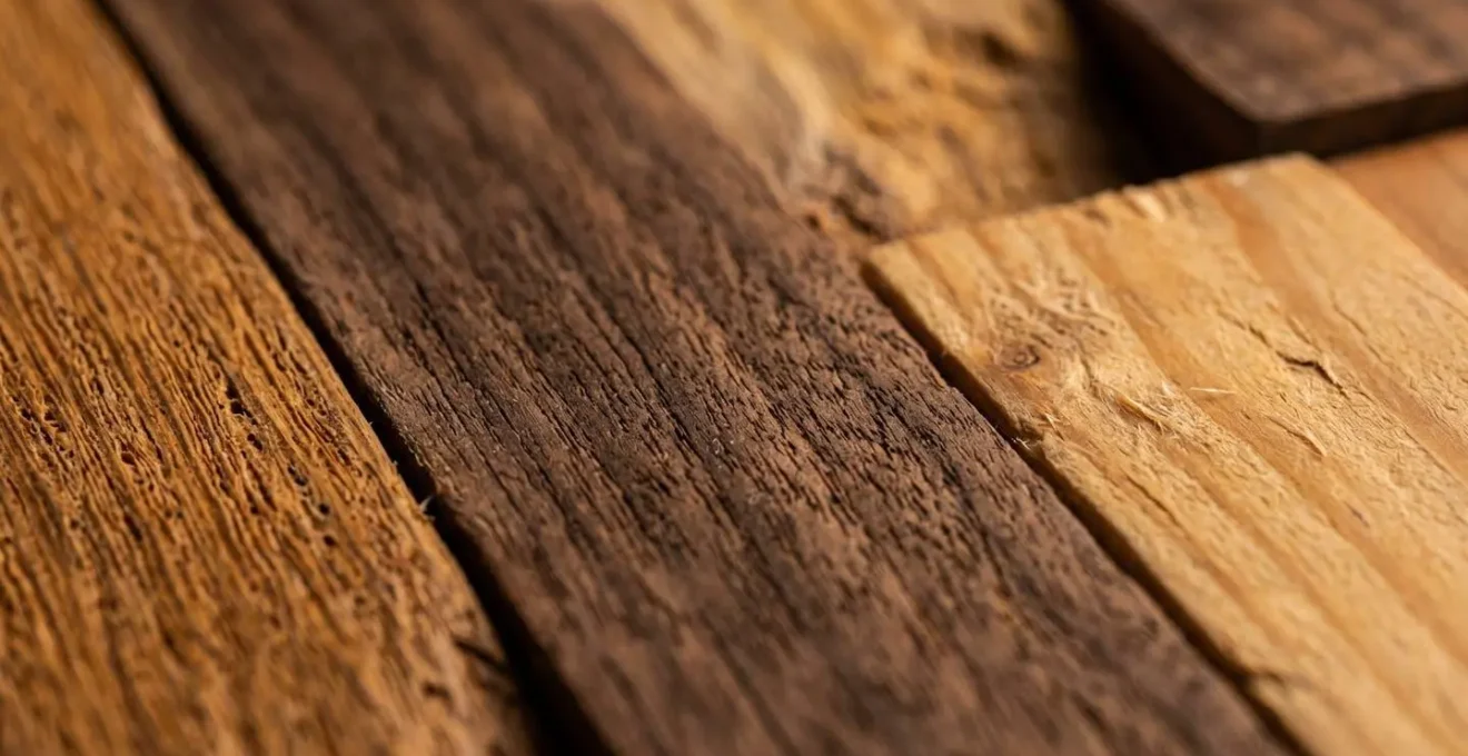 Detalle macro de diferentes texturas y vetas de maderas naturales mostrando densidad y calidez táctil