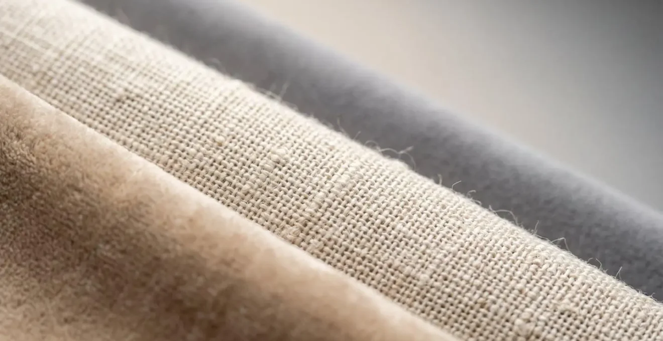 Detalles macro de tres tejidos de tapicería diferentes mostrando estructura y textura de fibras para cabeceros