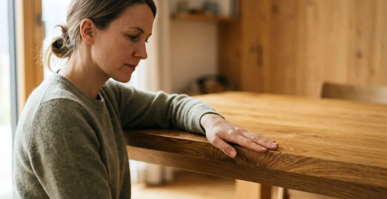Escena íntima de persona conectando emocionalmente con espacio de madera natural en ambiente sereno