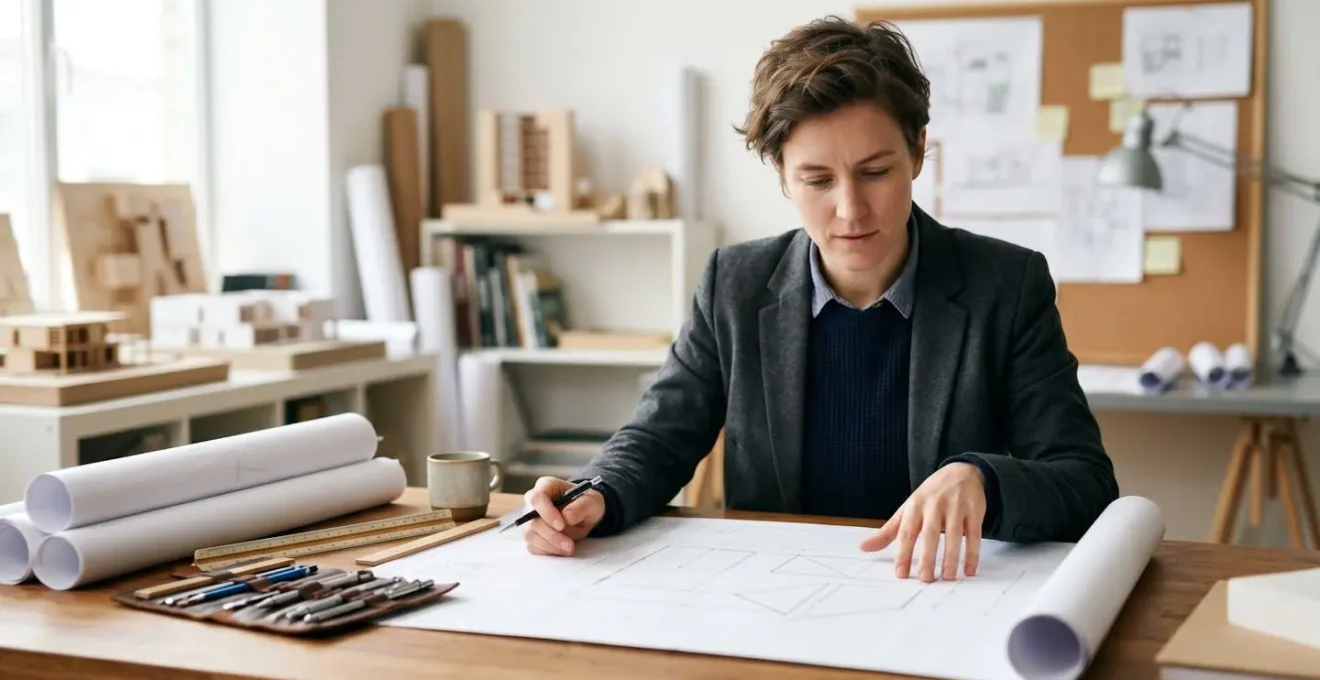 Profesional de arquitectura revisando planos y documentación técnica antes de iniciar una reforma