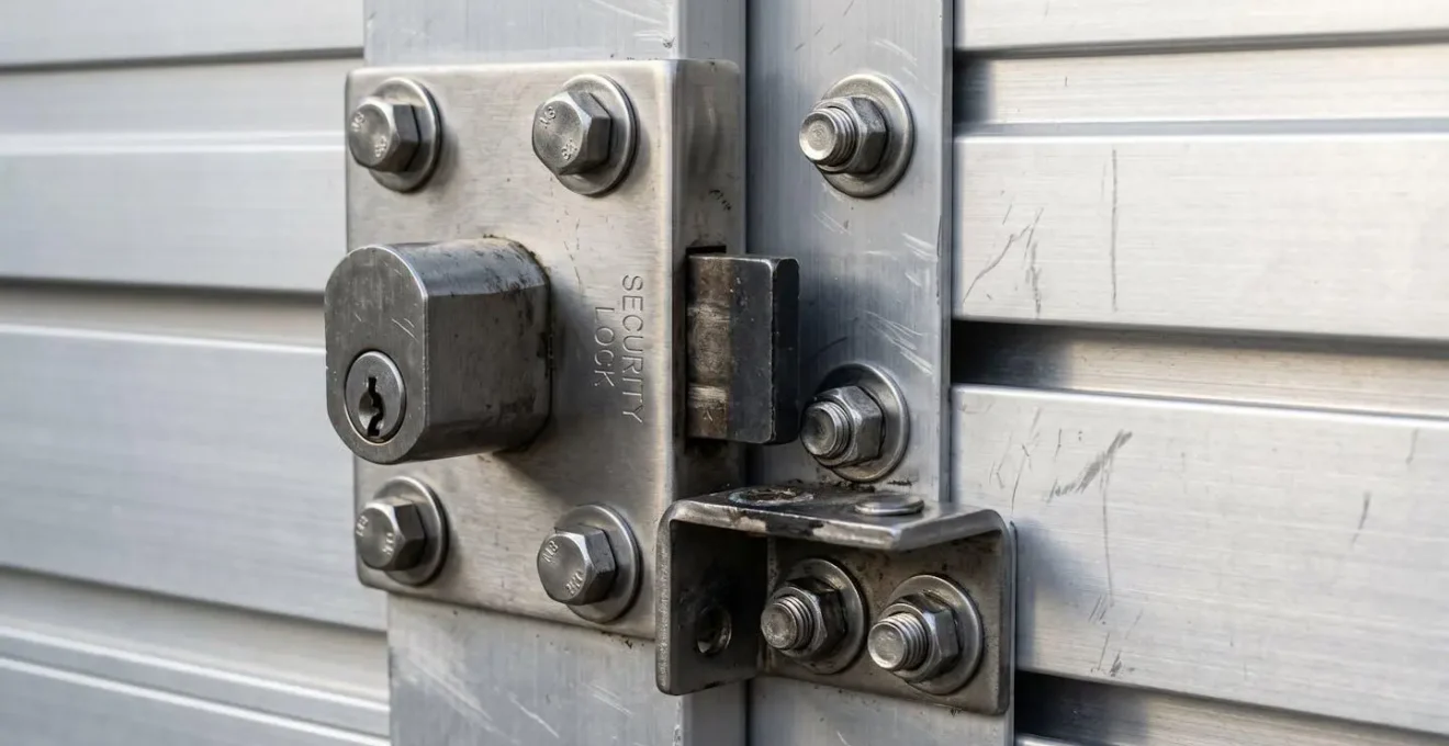 Primer plano detallado del mecanismo de una cerradura multipunto en una puerta de garaje de aluminio, mostrando los puntos de anclaje metálicos