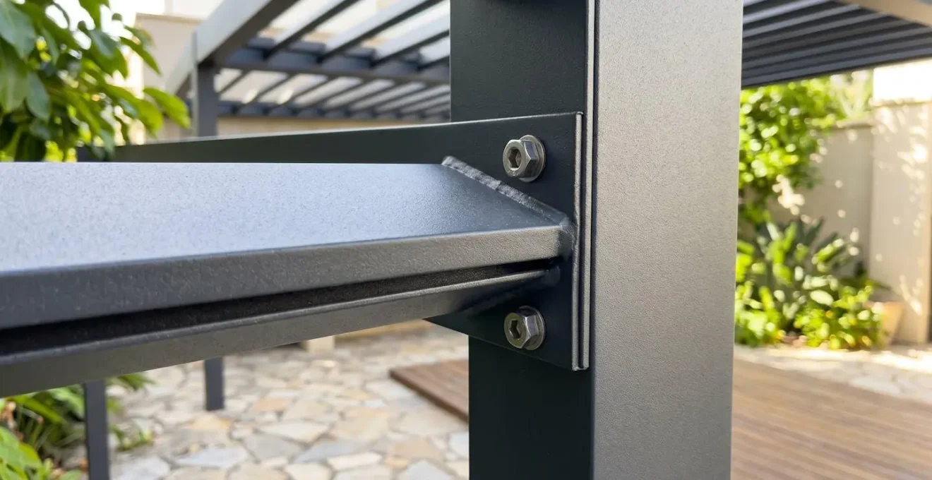 Detalle en primer plano de la textura del acabado lacado de un perfil de aluminio de pérgola con luz lateral