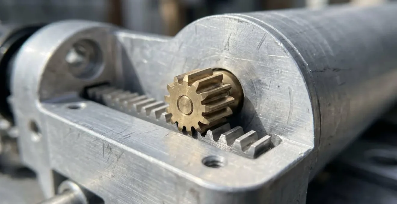 Primer plano extremo del mecanismo de motor tubular integrado en la guía superior de una puerta corredera, con detalle de cremallera metálica y engranaje