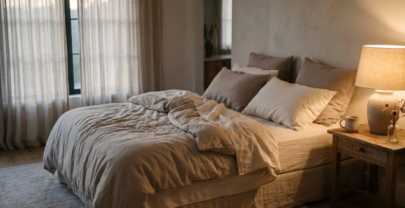 Dormitorio sereno con texturas naturales, iluminación cálida tenue y ambiente minimalista que invita al descanso