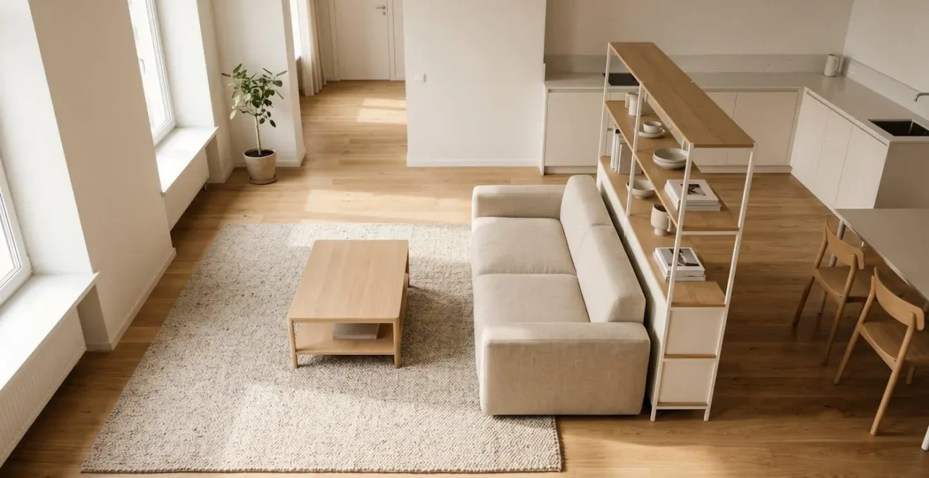 Vista cenital minimalista de distribución eficiente en vivienda de 70 metros cuadrados con flujos de circulación optimizados