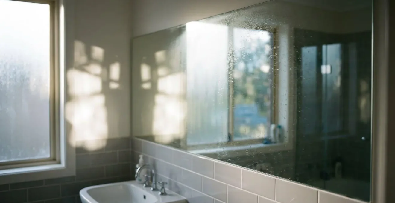 Espejo de gran formato sin marco reflejando luz natural en baño pequeño creando profundidad visual