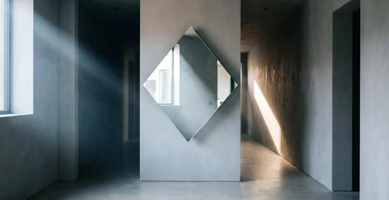 Espejo estratégicamente colocado reflejando luz natural hacia pasillo interior oscuro sin ventanas