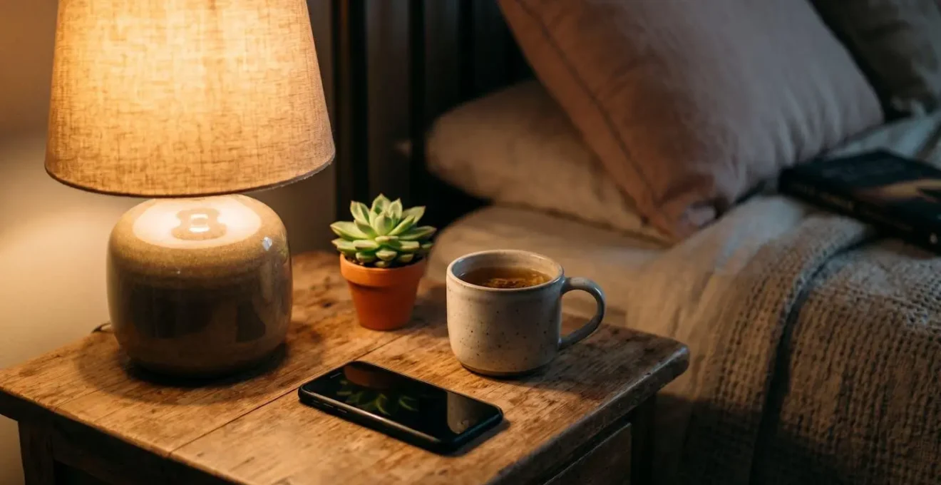 Mesa auxiliar con cargador de dispositivos en espacio separado del dormitorio, concepto de transición digital nocturna