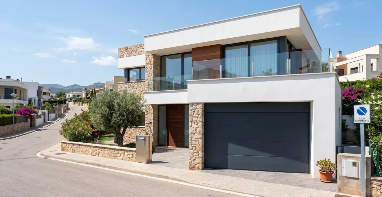 Vista exterior de una vivienda unifamiliar española contemporánea con puerta de garaje seccional de aluminio integrada en la fachada, arquitectura limpia y luminosa