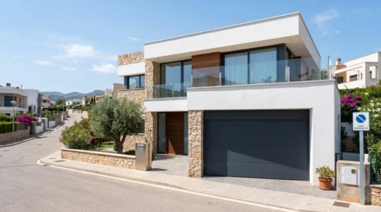 Vista exterior de una vivienda unifamiliar española contemporánea con puerta de garaje seccional de aluminio integrada en la fachada, arquitectura limpia y luminosa
