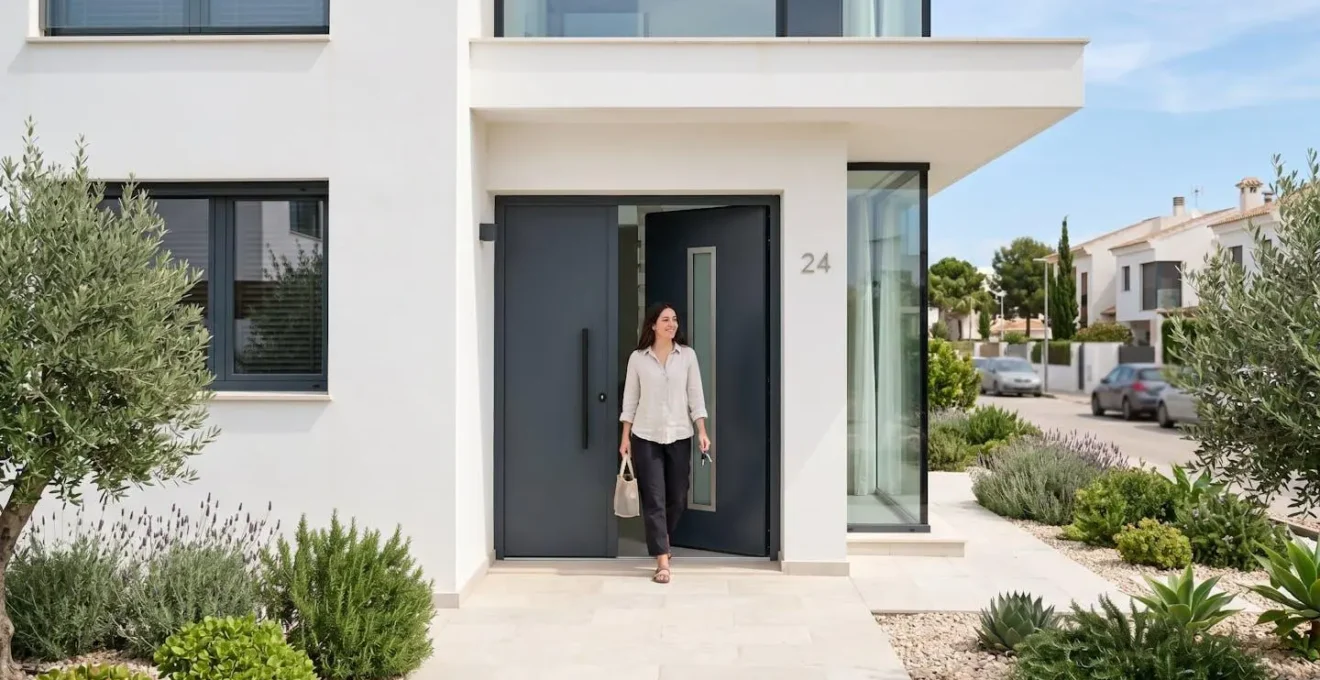 Entrada principal de una vivienda contemporánea española con puerta batiente de aluminio lacado en tonos oscuros, fachada clara y jardín ordenado bajo luz natural mediterránea