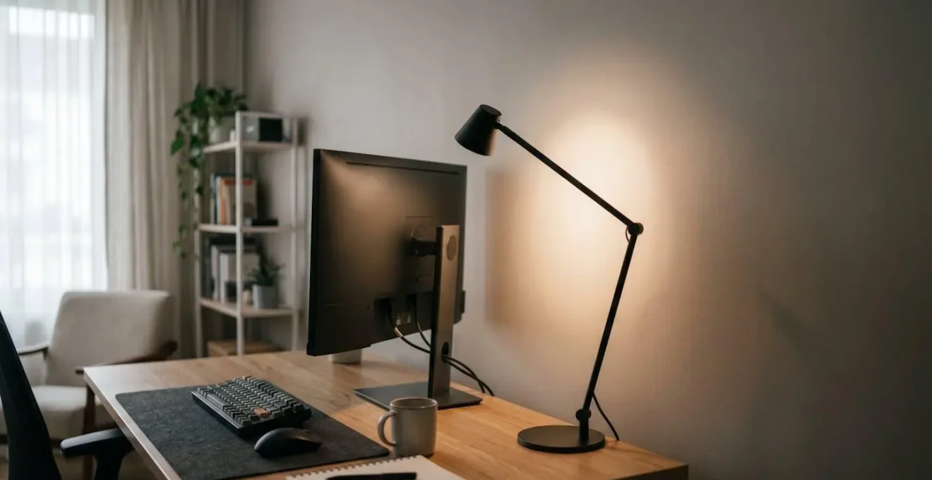 Lámpara de mesa orientada hacia pared creando halo de luz suave detrás de monitor sin reflejos en pantalla