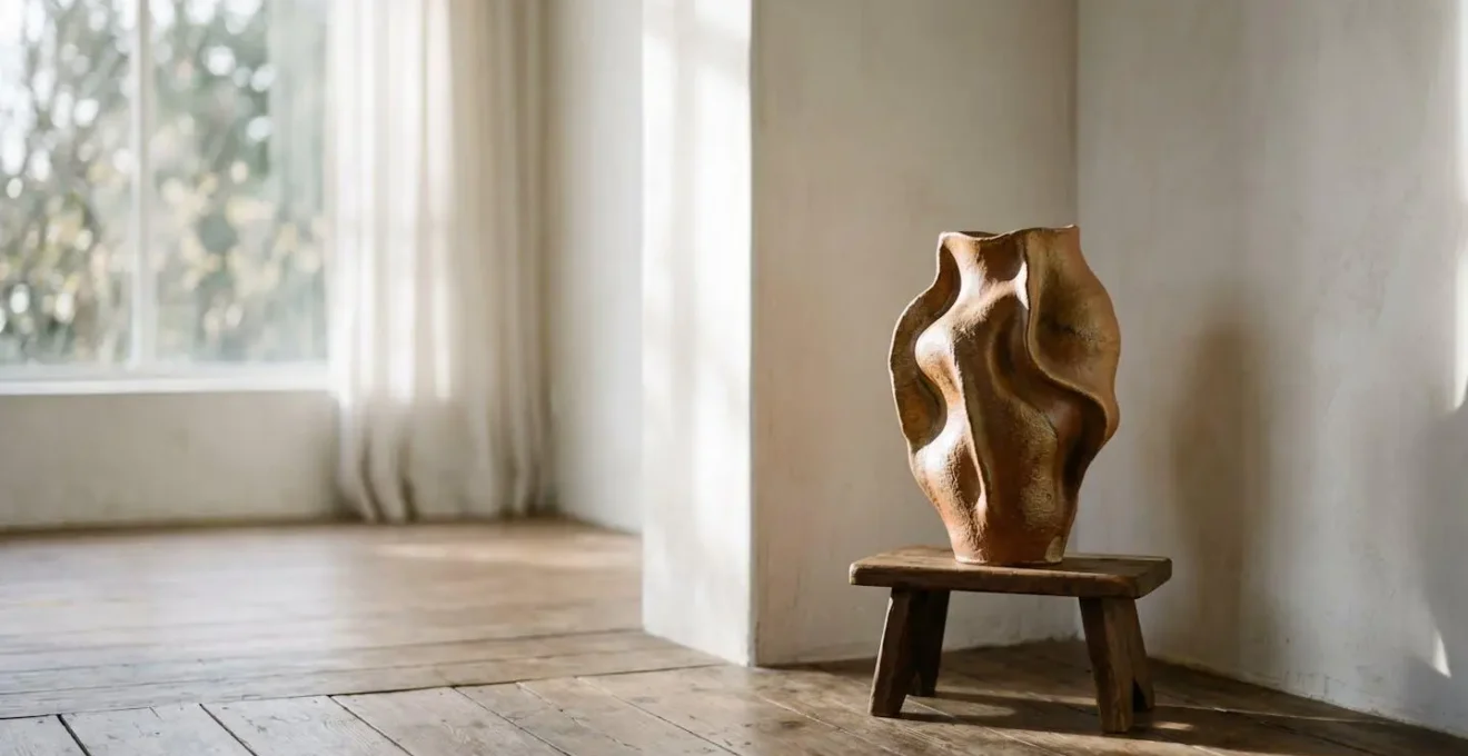 Jarron escultorico de ceramica en rincon minimalista iluminado por luz natural lateral