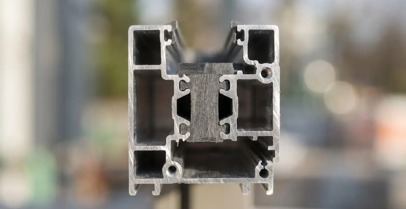 Primer plano extremadamente cercano de la sección transversal de un perfil de aluminio lacado, mostrando la estructura interna con cámara de rotura de puente térmico, textura metálica nítida y acabado superficial limpio