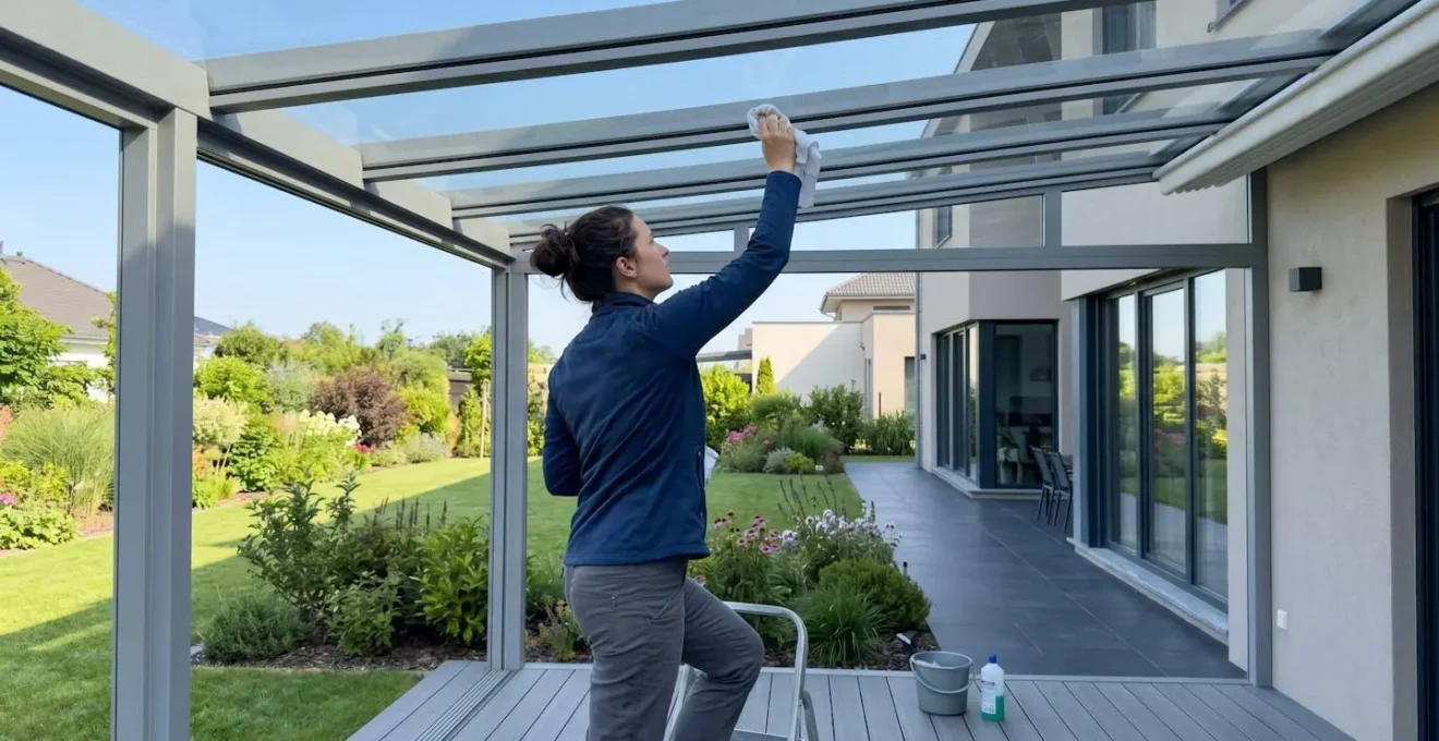 Persona vista de espaldas limpiando con un paño la estructura de una pérgola de aluminio en un entorno luminoso
