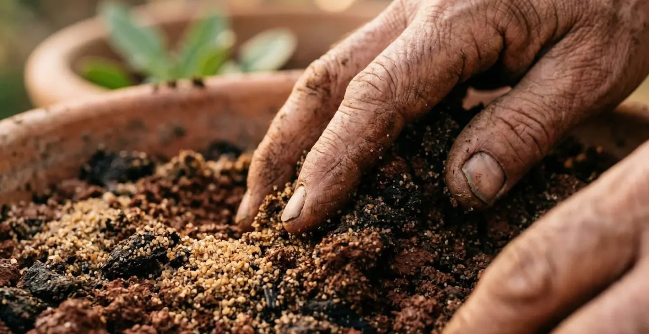 Manos de jardinero mejorando drenaje de suelo arcilloso con arena de río y compost orgánico