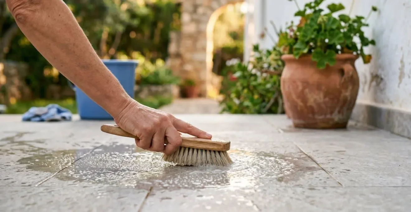 Limpieza de terraza de gres porcelánico con agua y cepillo suave bajo luz mediterránea