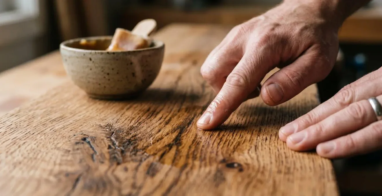 Primer plano de manos aplicando producto natural sobre superficie de madera sostenible
