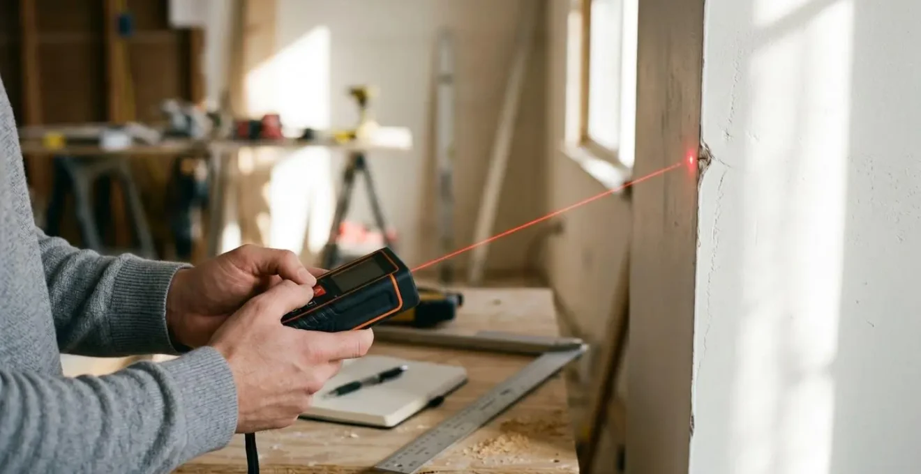 Medidor láser de alta precisión capturando dimensiones exactas en pared con desnivel para carpintería a medida