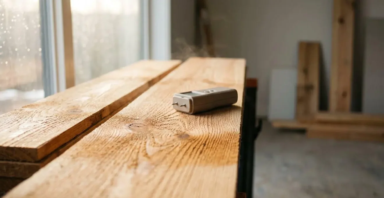 Detalle de superficie de madera con medidor de humedad mostrando proceso de aclimatación antes de instalación