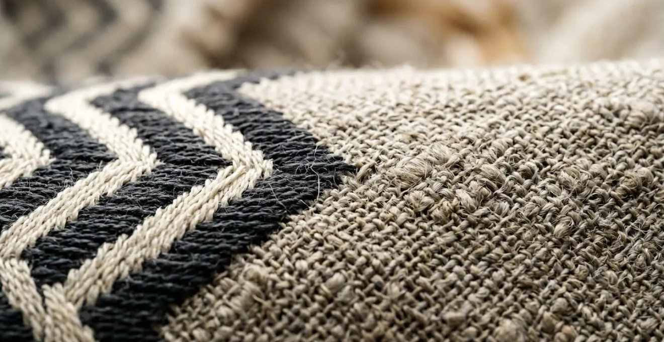 Detalle macro de patrón geométrico en tejido natural mostrando textura táctil que aporta calidez