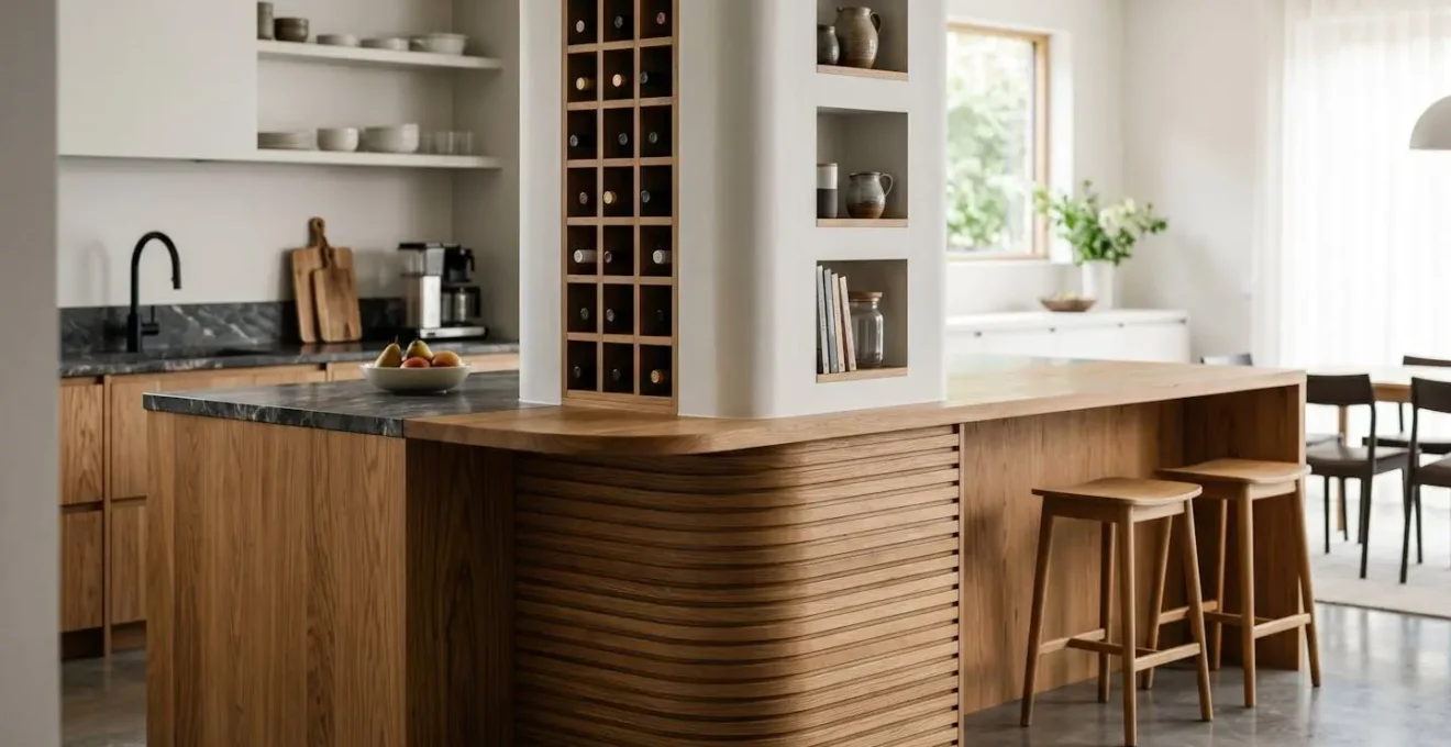 Detalle arquitectónico de una península de cocina que abraza un pilar estructural convirtiéndolo en elemento funcional con almacenamiento integrado