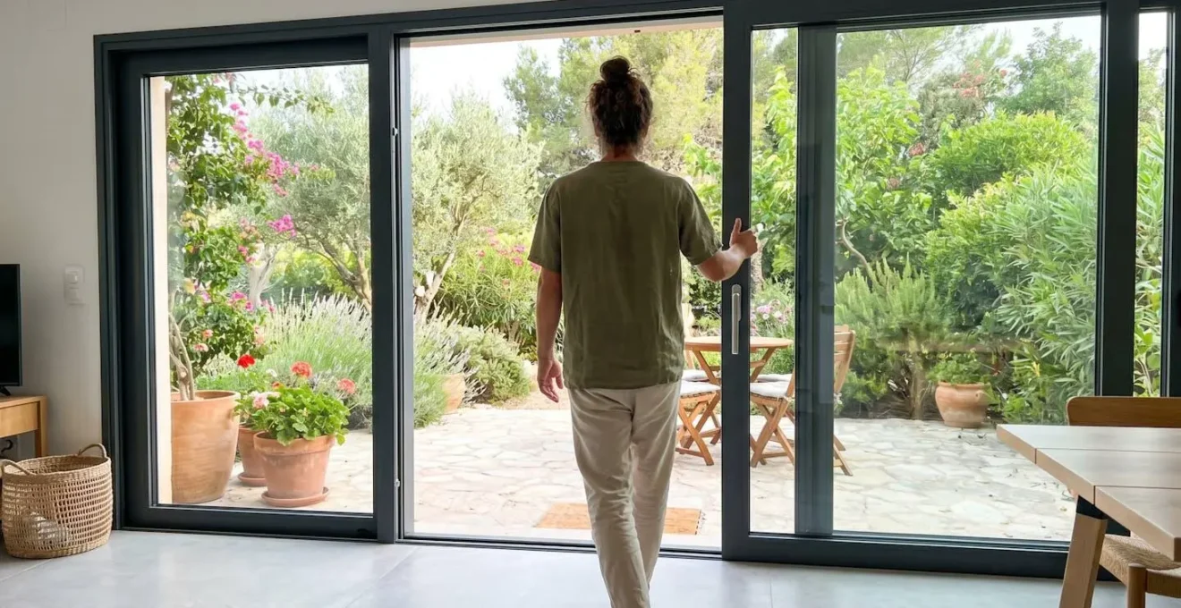 Una persona vista de espaldas abre una puerta corredera de aluminio desde el interior hacia un jardín luminoso mediterráneo