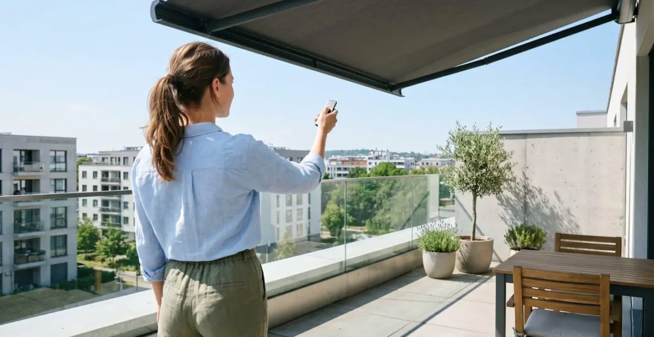 Persona vista de espaldas accionando mando a distancia de toldo motorizado en terraza contemporánea, gesto natural, luz natural abundante