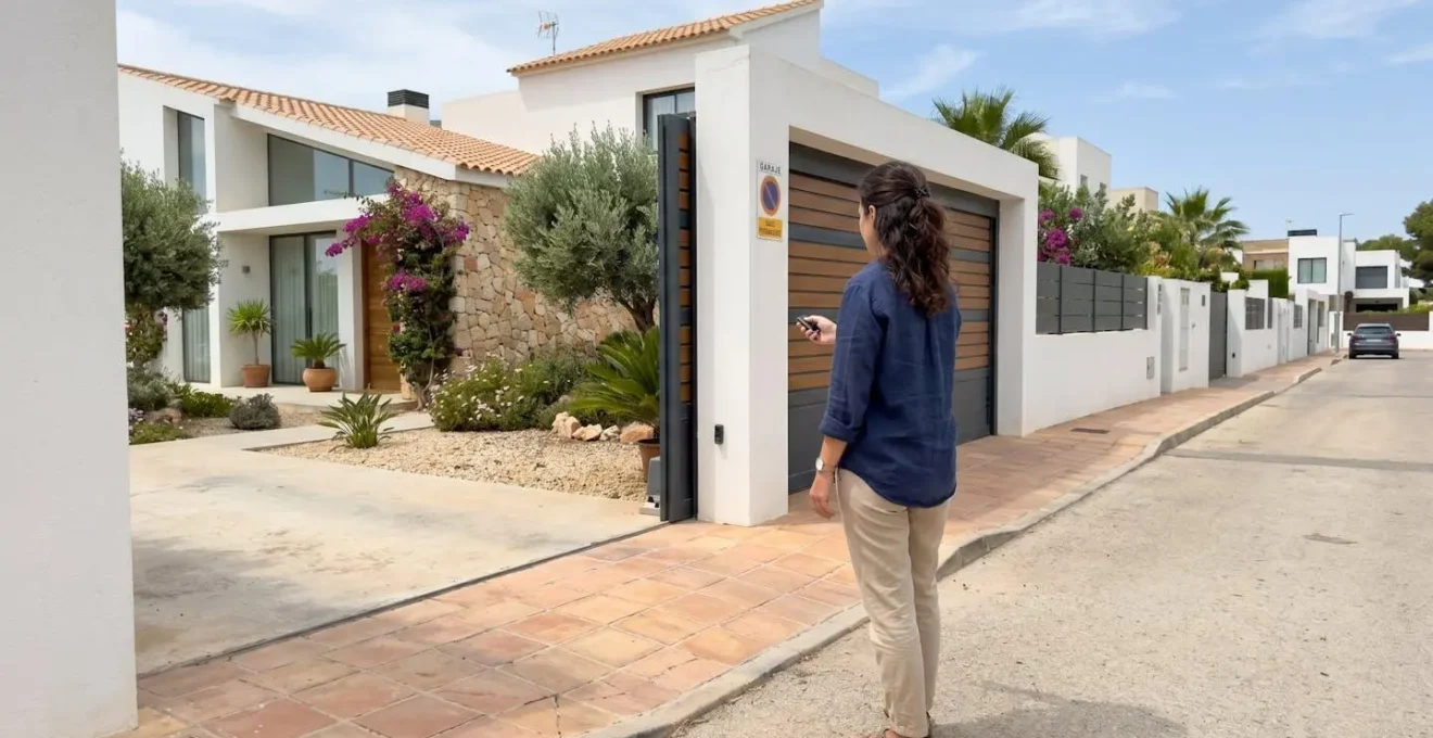 Vista de una persona de espaldas accionando un mando a distancia para abrir una puerta de garaje seccional moderna en el exterior de una vivienda española contemporánea