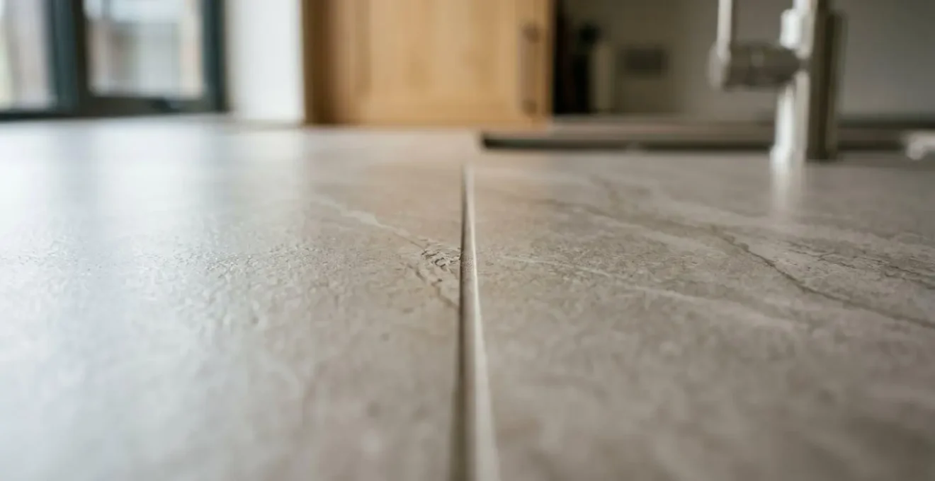 Placa de porcelánico de gran formato instalada en cocina pequeña mostrando continuidad sin juntas