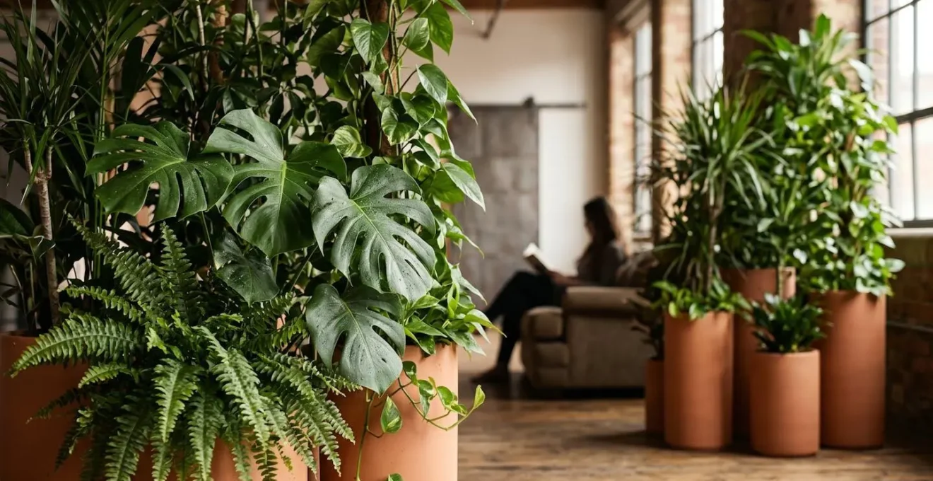 Separador bioclimático formado por jardineras altas con plantas frondosas que crean un filtro visual natural en un loft diáfano iluminado estratégicamente