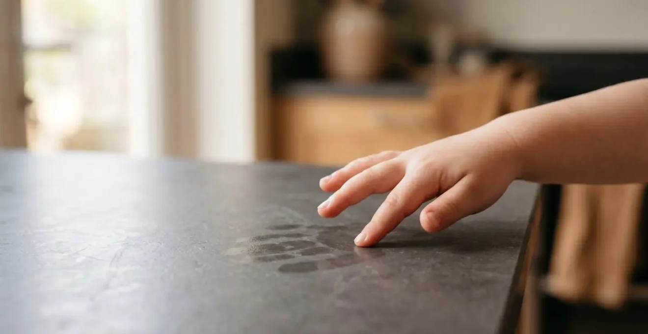 Mano de niño pequeño tocando superficie de cocina con acabado mate, mostrando ausencia visible de huellas dactilares