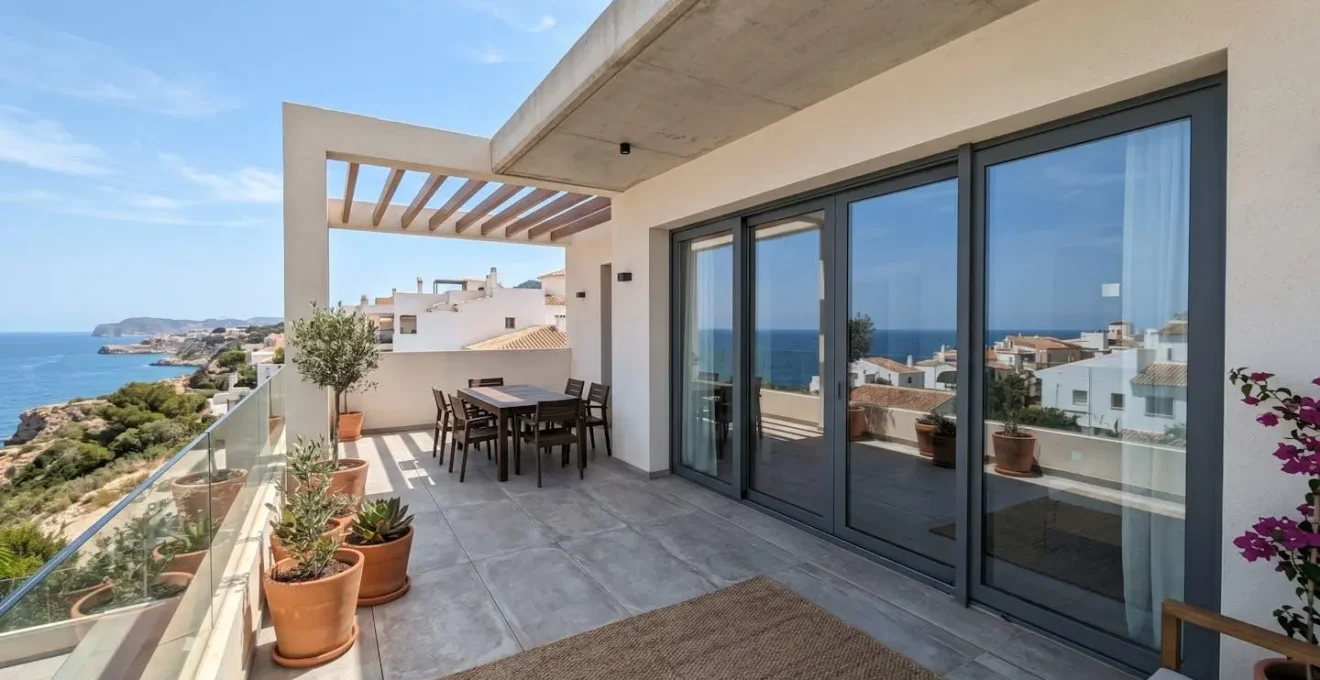 Terraza mediterránea contemporánea con puerta corredera de aluminio cerrada, arquitectura moderna 2026, sin personas en primer plano
