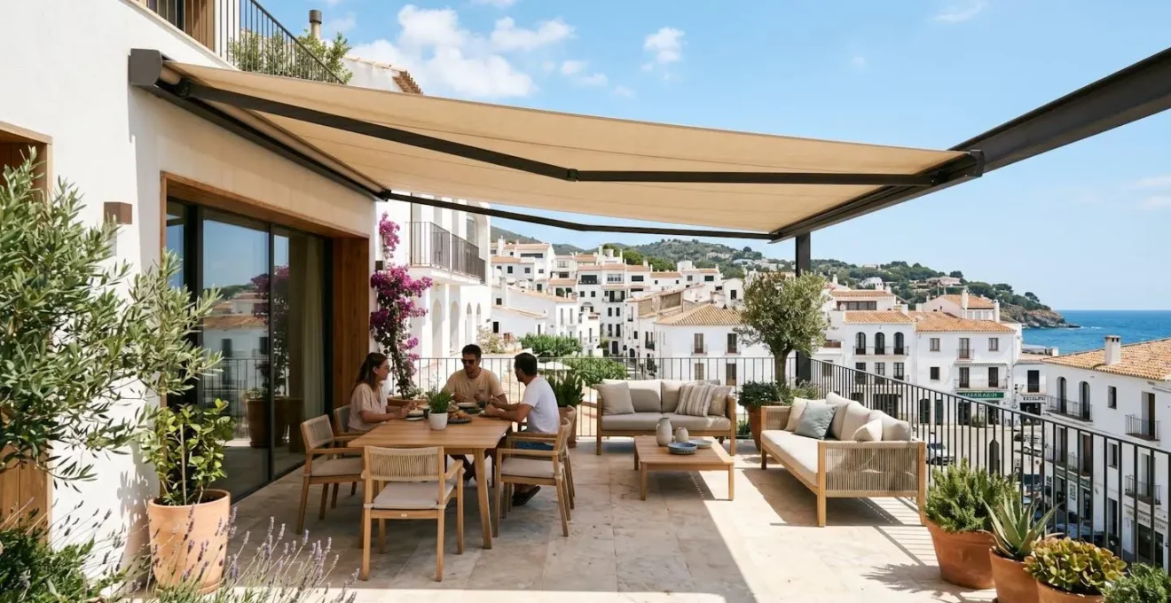 Terraza contemporánea española con toldo desplegado en día soleado, arquitectura mediterránea de fondo, mobiliario moderno bajo la sombra