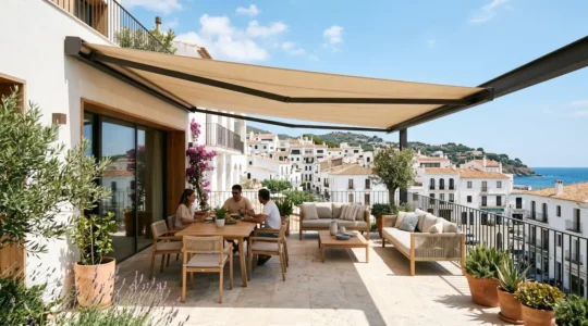 Terraza contemporánea española con toldo desplegado en día soleado, arquitectura mediterránea de fondo, mobiliario moderno bajo la sombra