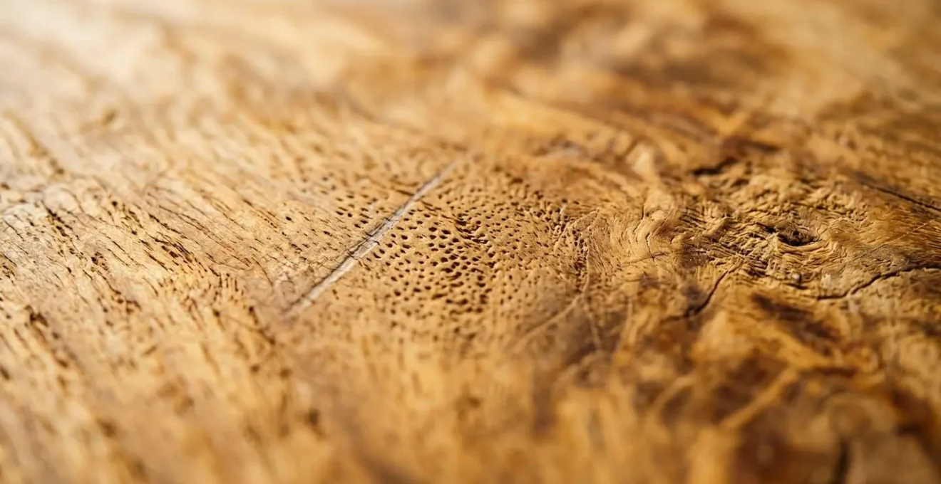 Primer plano de superficie de madera natural con vetas y texturas que invitan al tacto