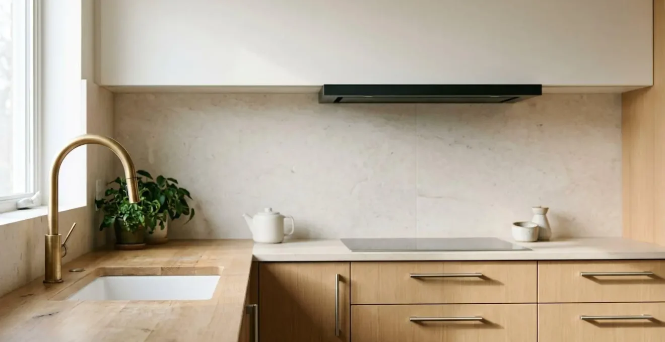 Composición minimalista de tres acabados metálicos mate en cocina: latón cepillado, acero mate y negro satinado sobre fondo neutro